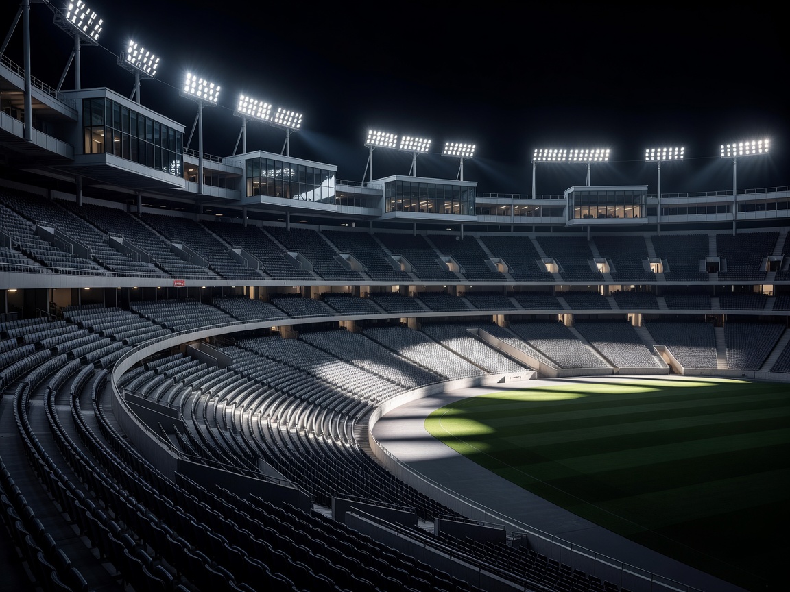 Architectural stadium interior illuminated under floodlights showing curved tier seating and executive suites