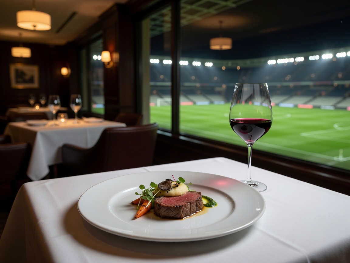 Carefully plated gourmet dish with wine glass in a fine dining restaurant overlooking a stadium pitch