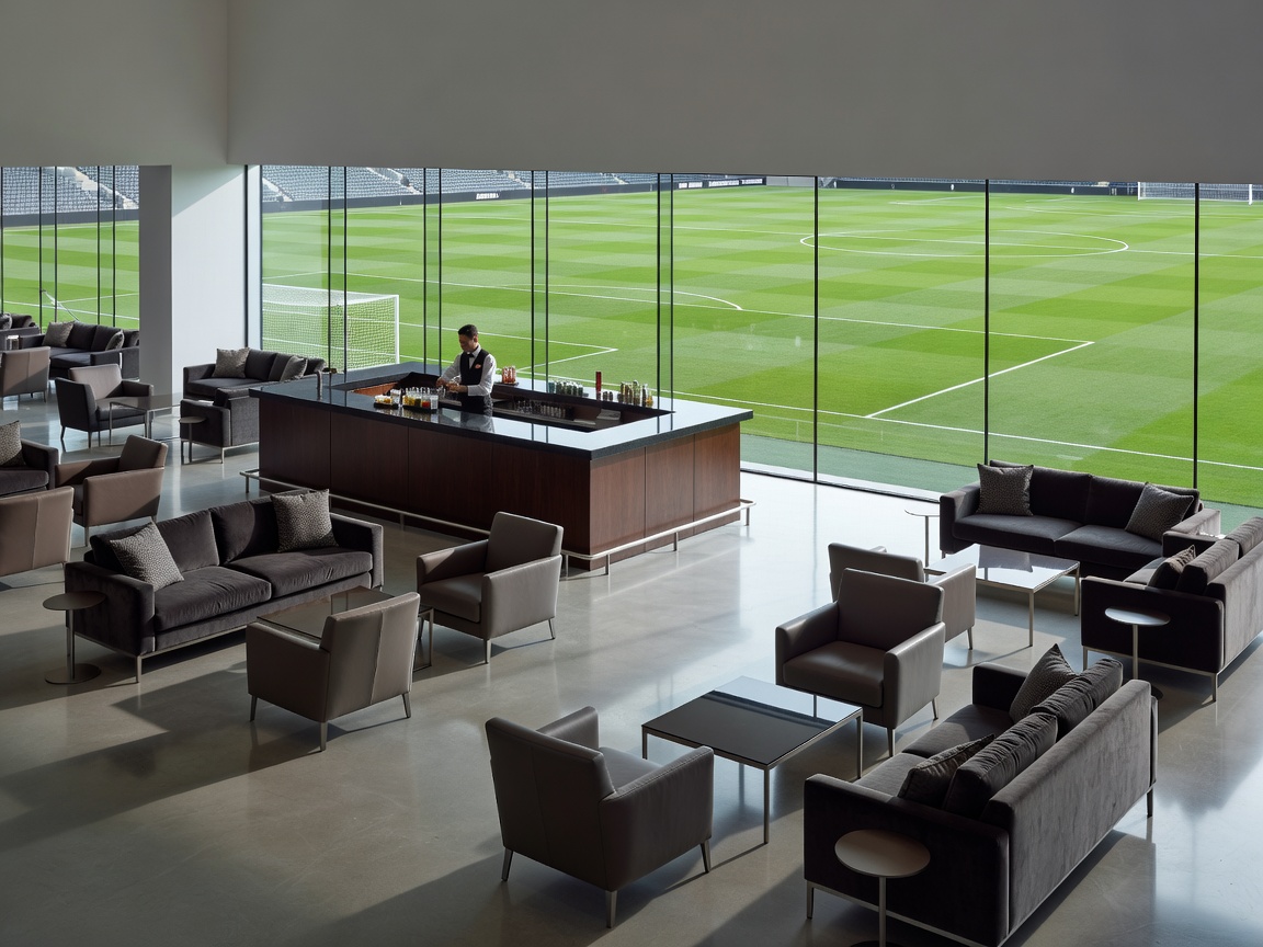 Executive stadium lounge interior with contemporary furniture, central cocktail bar, and broad floor-to-ceiling glass looking toward pitch