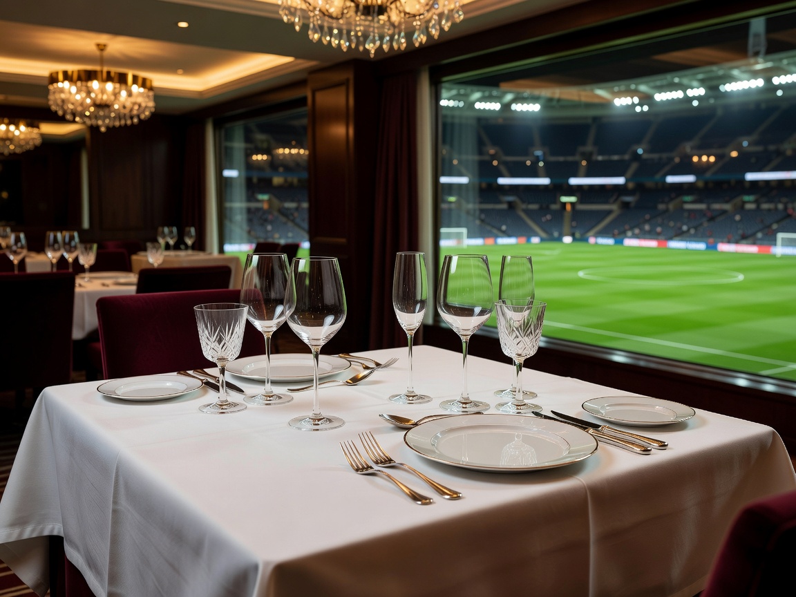 Fine dining restaurant table setting with polished glassware overlooking a stadium pitch