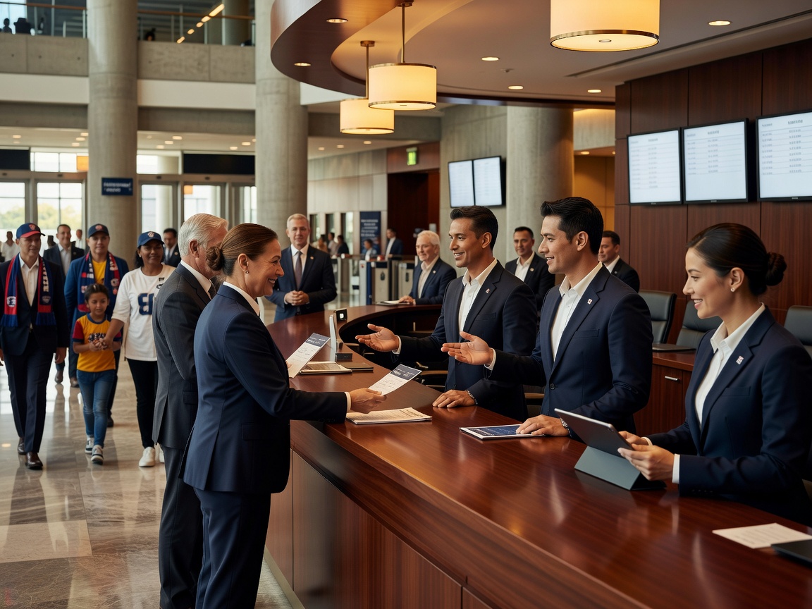 Hospitality concierge desk inside stadium reception foyer with polite staff assisting arriving guests