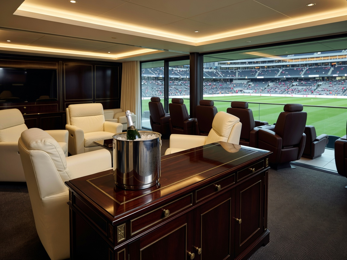 Interior view of a luxurious private stadium box with dining credenza, champagne cooler, and private balcony seating