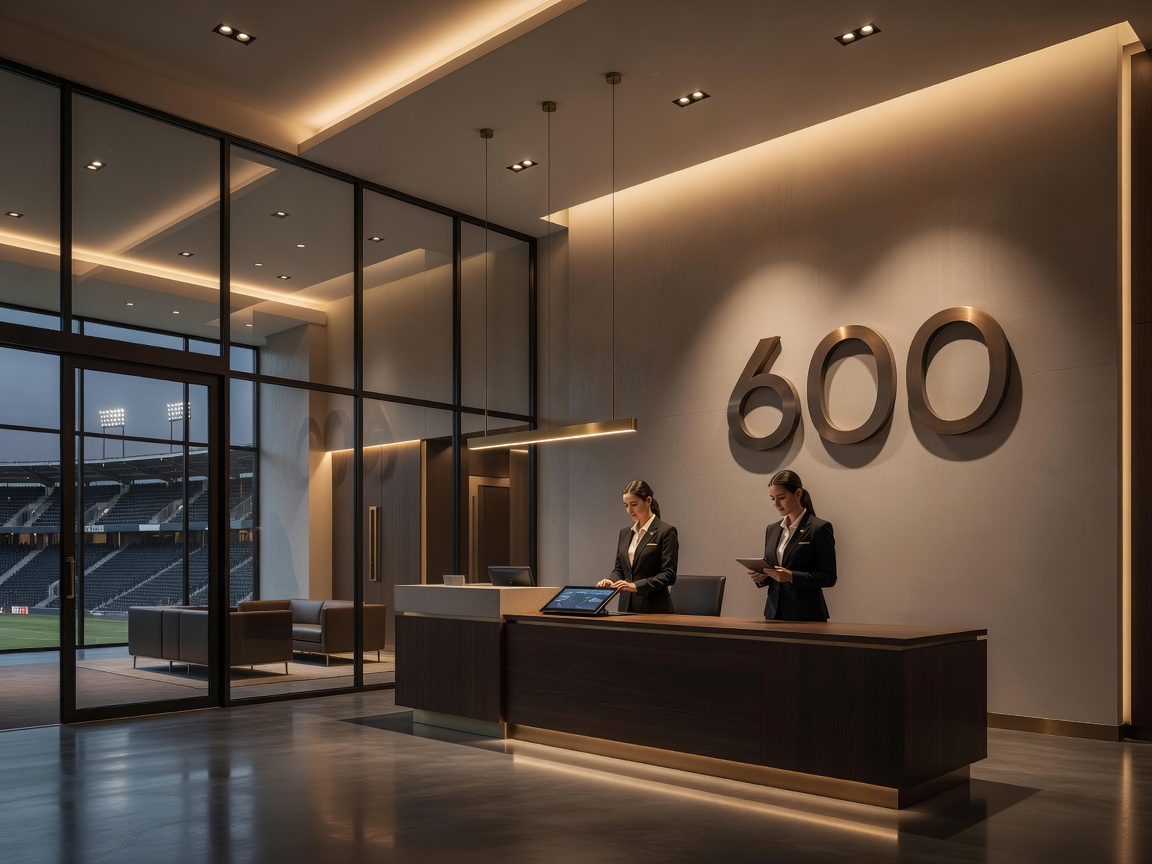 Modern glass-fronted VIP stadium reception foyer with warm architectural lighting and reception staff