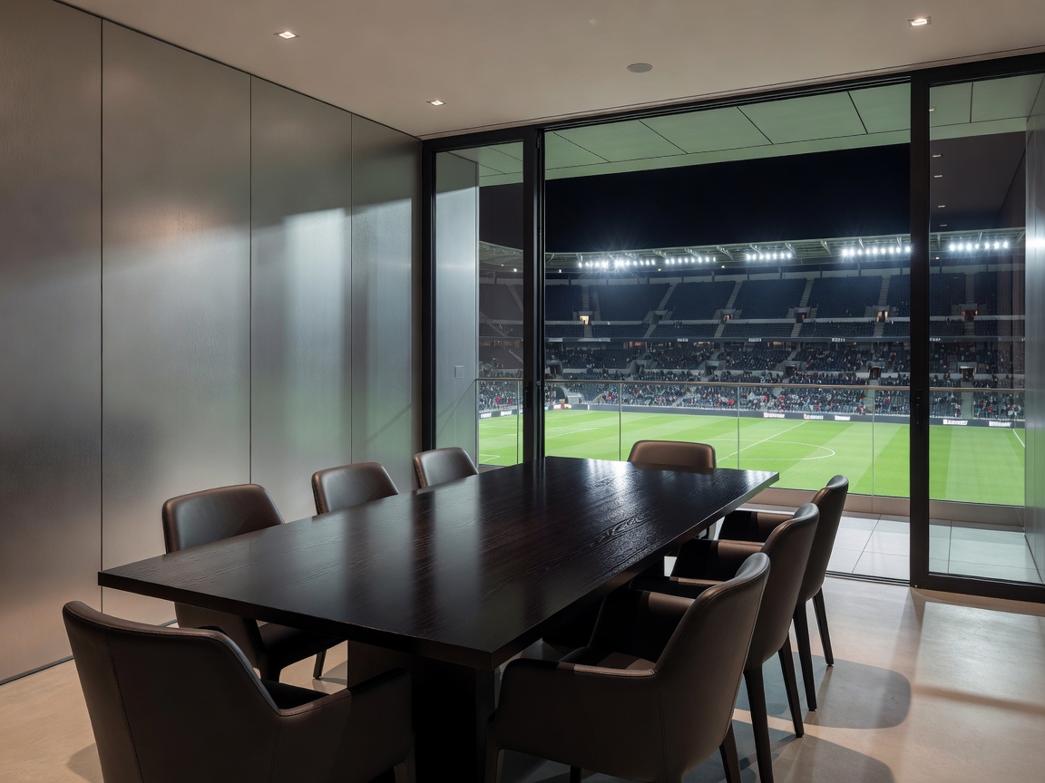Private stadium hospitality suite featuring bespoke dining table and sliding doors leading to private balcony