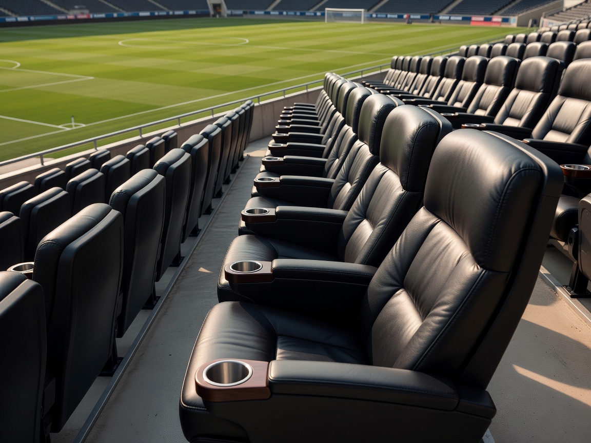 Row of padded leather executive stadium seats positioned overlooking midfield with cup holders and armrests