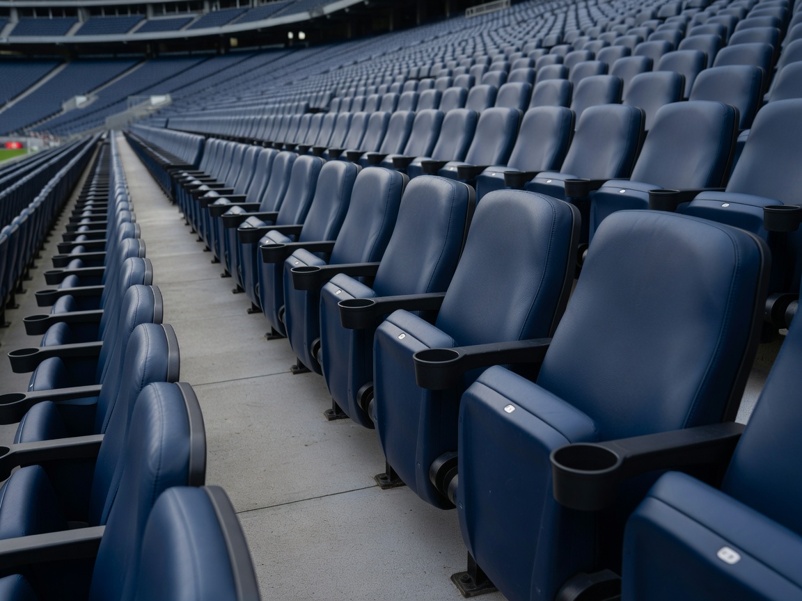 Rows of wide padded stadium seats with integrated cup holders positioned on mid-tier sideline terrace