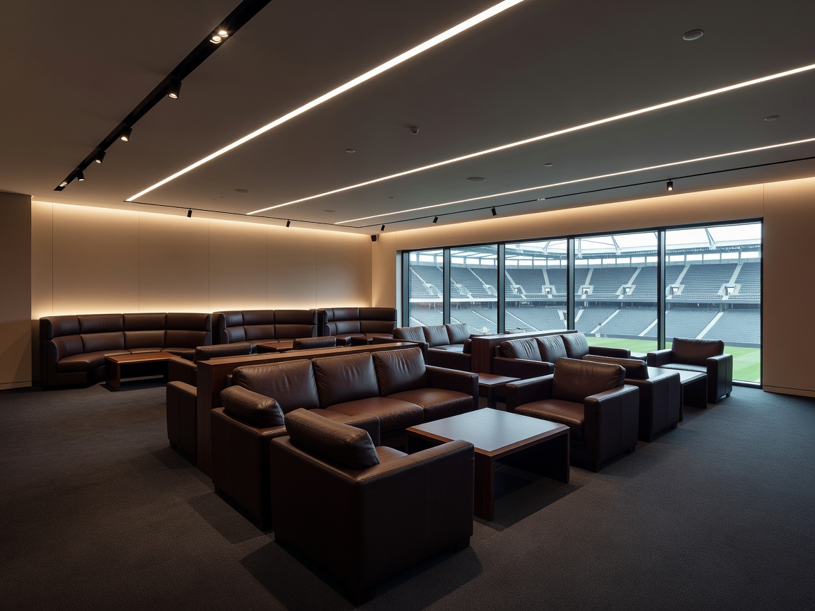 Spacious executive stadium lounge with architectural lighting and comfortable banquette seating